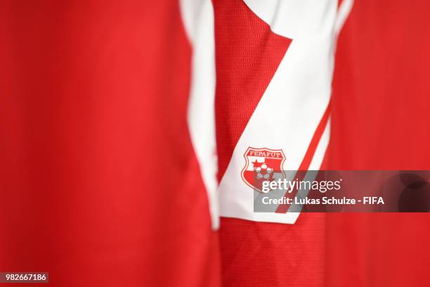 Detailed view of the Panama badge is seen on a shirt number inside the Panama dressing room prior to the 2018 FIFA World Cup Russia group G match...