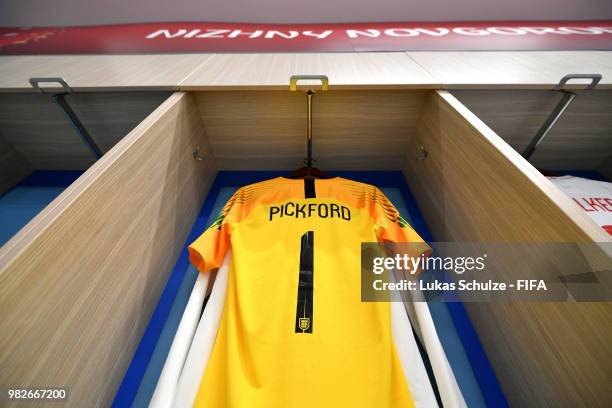 Jordan Pickford's shirt hangs in the England dressing room prior to the 2018 FIFA World Cup Russia group G match between England and Panama at Nizhny...