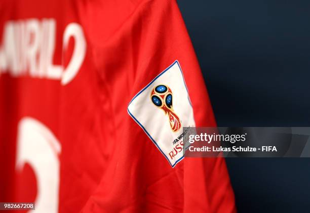 Detailed view of the World Cup 2018 logo is seen on a Panama shirt inside the Panama dressing room prior to the 2018 FIFA World Cup Russia group G...