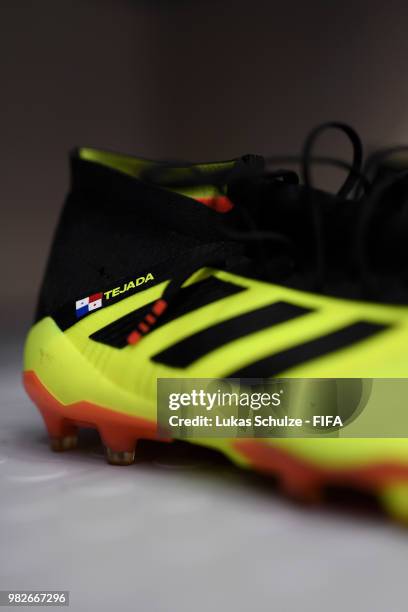 Detailed view of Luis Tejada's boots is seen inside the Panama dressing room prior to the 2018 FIFA World Cup Russia group G match between England...