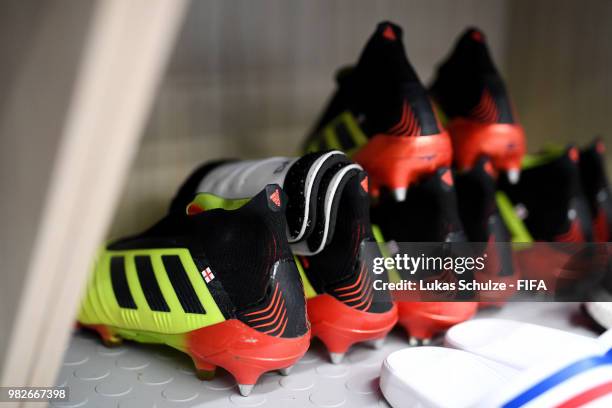 Boots are seen inside England dressing room prior to the 2018 FIFA World Cup Russia group G match between England and Panama at Nizhny Novgorod...