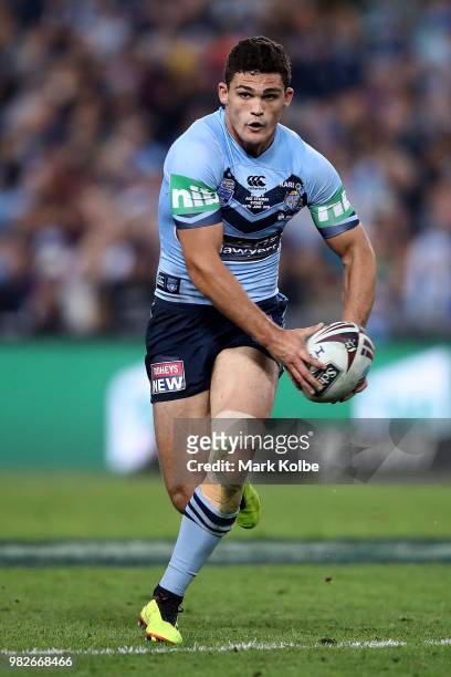 Nathan Cleary of the Blues runs the ball during game two of the State of Origin series between the New South Wales Blues and the Queensland Maroons...