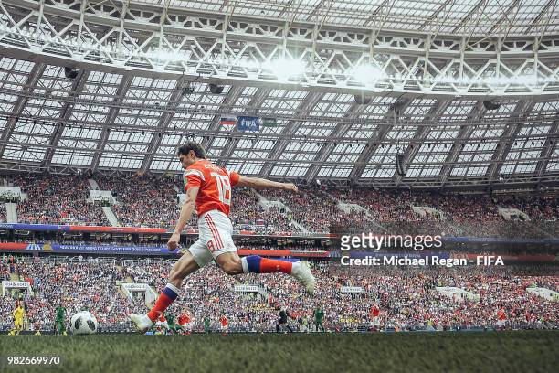 Yury Zhirkov of Russia takes a corner during the 2018 FIFA World Cup Russia Group A match between Russia and Saudi Arabia at Luzhniki Stadium on June...