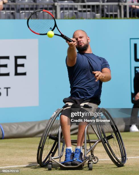 Stefan Olsson of Sweden plays a shot during the men's wheelchair final against Stephane Houdet of France during Day 7 of the Fever-Tree Championships...