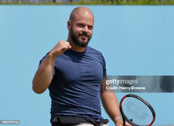 Stefan Olsson of Sweden celebrates after winning the men's wheelchair final against Stephane Houdet of France during Day 7 of the Fever-Tree...