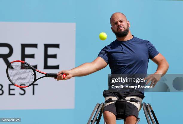 Stefan Olsson of Sweden plays a shot during the men's wheelchair final against Stephane Houdet of France during Day 7 of the Fever-Tree Championships...