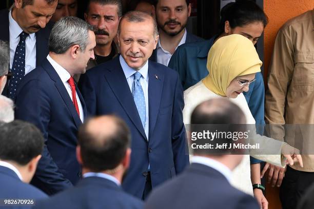 President Recep Tayyip Erdogan leaves Saffet Cebi Ortaokulu polling station after casting his vote in the Turkish election on June 24, 2018 in...