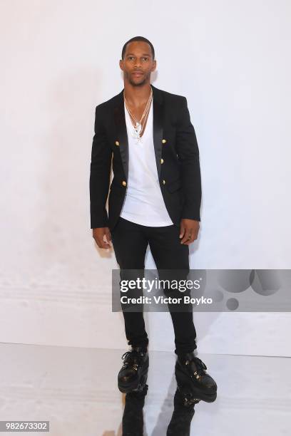 Victor Cruz attends the Balmain Menswear Spring/Summer 2019 show as part of Paris Fashion Week on June 24, 2018 in Paris, France.