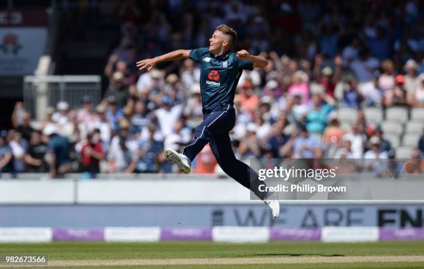 Sam Curran of England celebrates after dismissing Ashton Agar during the fifth Royal London One-Day International match between England and Australia...