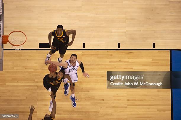 Final Four: Aerial view of Duke Brian Zoubek in action vs West Virgina Wellington Smith . Indianapolis, IN 4/3/2010 CREDIT: John W. McDonough