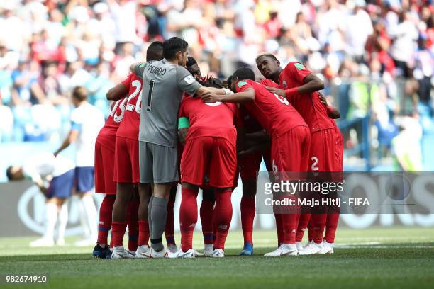 Panama team huddle prior to the 2018 FIFA World Cup Russia group G match between England and Panama at Nizhny Novgorod Stadium on June 24, 2018 in...
