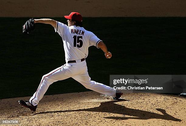 Starting pitcher Dan Haren of the Arizona Diamondbacks pitches against the San Diego Padres during the Opening Day major league baseball game at...