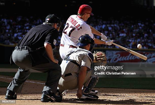 Mark Reynolds of the Arizona Diamondbacks bats against the San Diego Padres during the Opening Day major league baseball game at Chase Field on April...