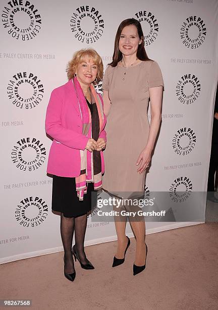 President and CEO of The Paley Center, Pat Mitchell , and actress Geena Davis attend Geena Davis: Actor & Advocate at The Paley Center for Media on...