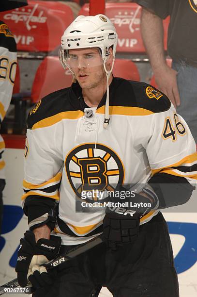 David Krejci of the Boston Bruins looks on during warm ups before a NHL hockey game against the Washington Capitals on April 5, 2010 at the Verizon...