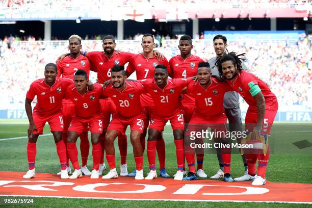 Panama players pose for a team photo prior to the 2018 FIFA World Cup Russia group G match between England and Panama at Nizhny Novgorod Stadium on...