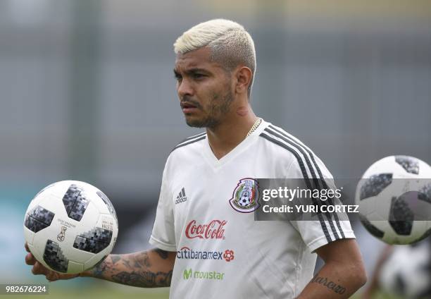 Mexico's forward Jesus Corona attends a training session at the Novogorsk training center, outside Moscow, on June 24 during the Russia 2018 World...