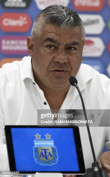 Argentine Football Association president Claudio Tapia holds a press conference at the Argentinian team's base camp in Bronnitsy, near Moscow, on...