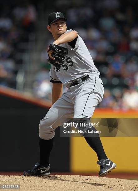 Josh Johnson of the Florida Marlins pitches against the New York Mets during their Opening Day Game at Citi Field on April 5, 2010 in the Flushing...