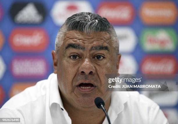 Argentine Football Association president Claudio Tapia holds a press conference at the Argentinian team's base camp in Bronnitsy, near Moscow, on...