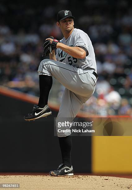 Josh Johnson of the Florida Marlins pitches against the New York Mets during their Opening Day Game at Citi Field on April 5, 2010 in the Flushing...