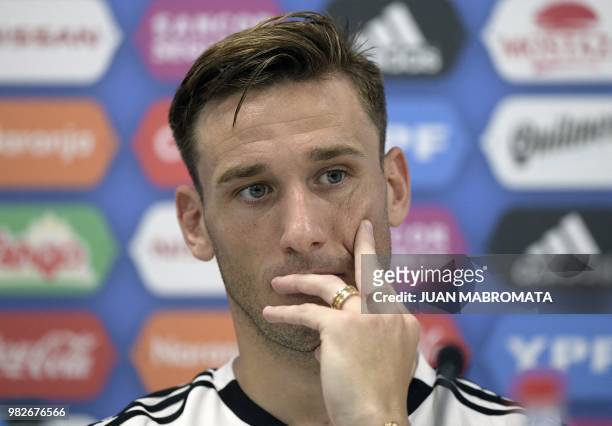 Argentina's midfielder Lucas Biglia holds a press conference at the team's base camp in Bronnitsy, near Moscow, on June 24 during the Russia 2018...