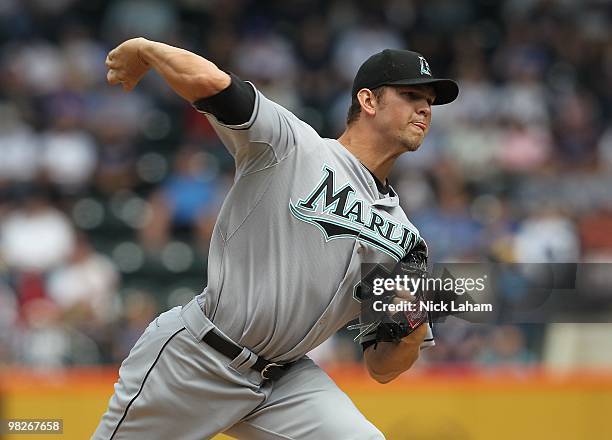 Josh Johnson of the Florida Marlins pitches against the New York Mets during their Opening Day Game at Citi Field on April 5, 2010 in the Flushing...