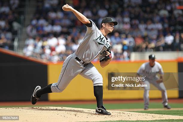 Josh Johnson of the Florida Marlins pitches against the New York Mets during their Opening Day Game at Citi Field on April 5, 2010 in the Flushing...