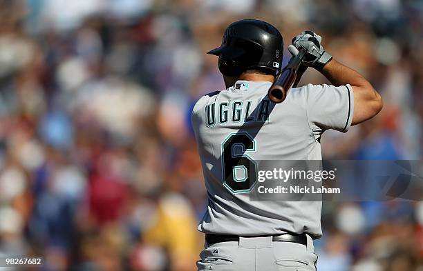 Dan Uggla of the Florida Marlins at bat against the New York Mets during their Opening Day Game at Citi Field on April 5, 2010 in the Flushing...