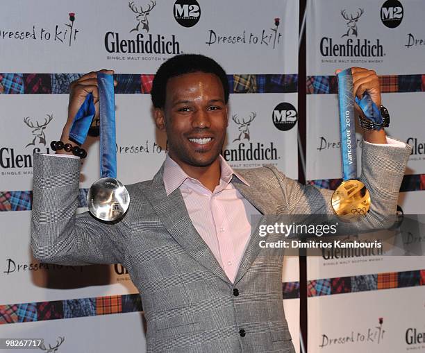 Olympian Shani Davis attends the 8th annual "Dressed To Kilt" Charity Fashion Show presented by Glenfiddich at M2 Ultra Lounge on April 5, 2010 in...