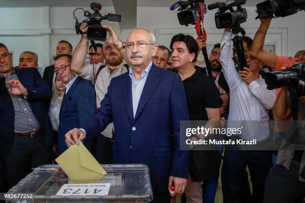 Turkey's main opposition Republican People's Party Kemal Kilicdaroglu, casts his ballot at a polling station during a presidential and parliamentary...