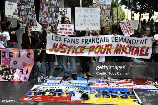 Michael Jackson's fans protest outside Los Angeles Superior Courts for the court appearance of Dr. Conrad Murray on April 5, 2010 in Los Angeles,...