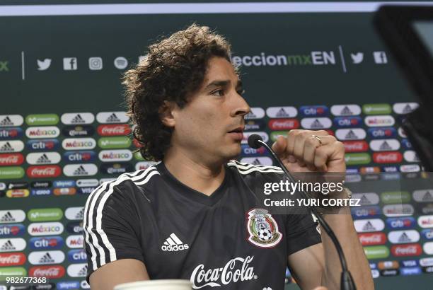 Mexico's goalkeeper Guillermo Ochoa attends a press conference ahead of a training session at the Novogorsk training center, outside Moscow, on June...