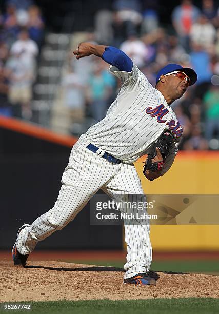 Francisco Rodriguez of the New York Mets pitches against the Florida Marlins during their Opening Day Game at Citi Field on April 5, 2010 in the...
