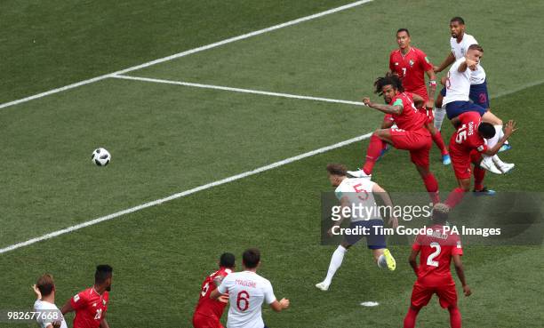 England's John Stones scores his side's first goal of the game during the FIFA World Cup Group G match at the Nizhny Novgorod Stadium.
