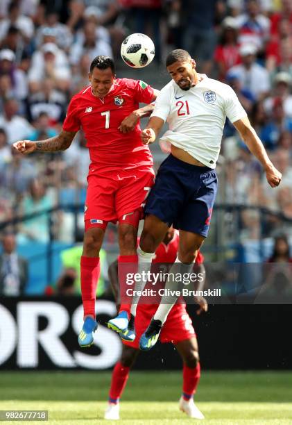 Blas Perez of Panama competes for a header with Ruben Loftus-Cheek of England during the 2018 FIFA World Cup Russia group G match between England and...