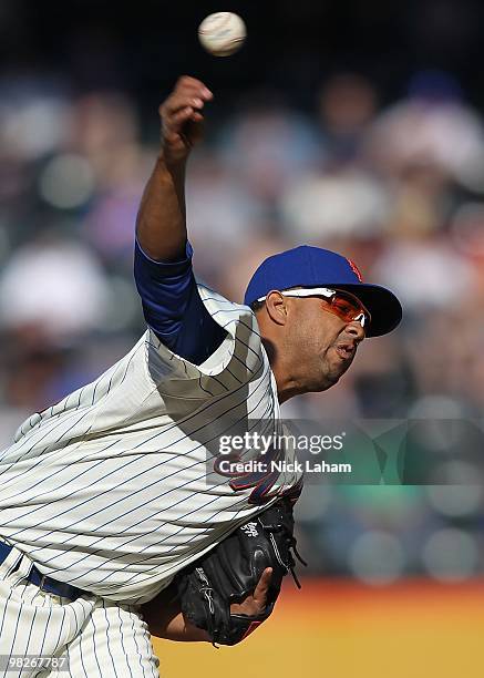 Francisco Rodriguez of the New York Mets pitches against the Florida Marlins during their Opening Day Game at Citi Field on April 5, 2010 in the...