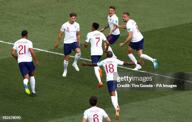 England's John Stones celebrates scoring his side's first goal of the game during the FIFA World Cup Group G match at the Nizhny Novgorod Stadium.