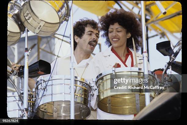 Carlos Santana and Sheila E perform live at The Oakland Coliseum in 1977 in Oakland, California.