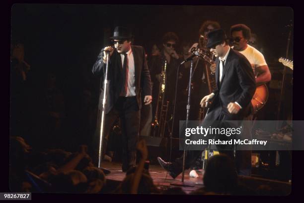 John Belushi aka Jake Blues and Dan Aykroyd aka Elwood Blues of The Blues Brothers perform live at The Winterland Ballroom in 1978 in San Francisco,...