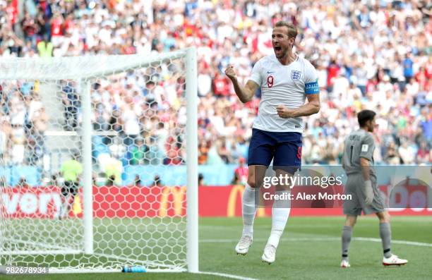 Harry Kane of England celebrates after scoring a penalty for his team's second goal during the 2018 FIFA World Cup Russia group G match between...