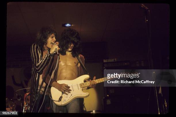 Steven Tyler and Joe Perry of Aerosmith perform live in 1973 in Newport, Rhode Island.