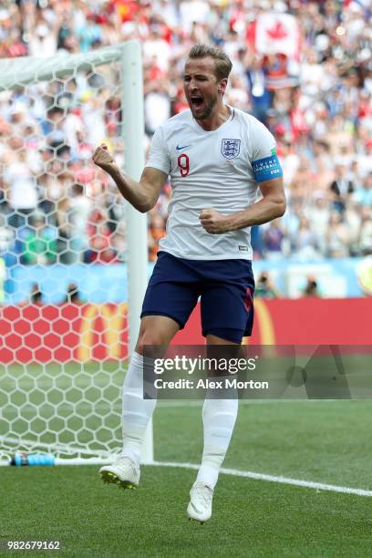 Harry Kane of England celebrates after scoring a penalty for his team's second goal during the 2018 FIFA World Cup Russia group G match between...