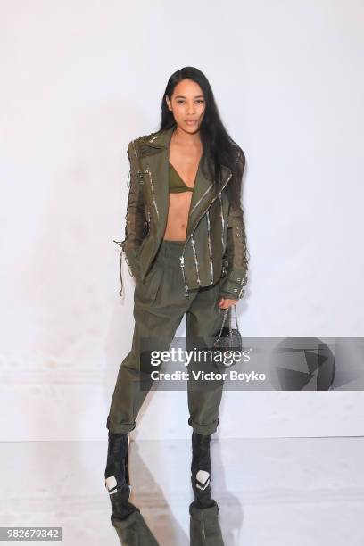 Aleali May attends the Balmain Menswear Spring/Summer 2019 show as part of Paris Fashion Week on June 24, 2018 in Paris, France.