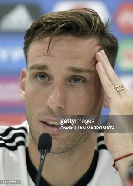 Argentina's midfielder Lucas Biglia holds a press conference at the team's base camp in Bronnitsy, near Moscow, on June 24 during the Russia 2018...