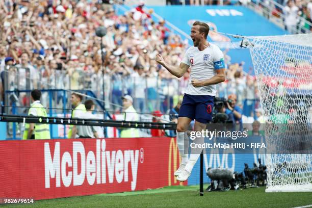 Harry Kane of England celebrates after scoring a penalty for his team's second goal during the 2018 FIFA World Cup Russia group G match between...