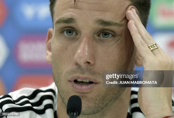 Argentina's midfielder Lucas Biglia holds a press conference at the team's base camp in Bronnitsy, near Moscow, on June 24 during the Russia 2018...