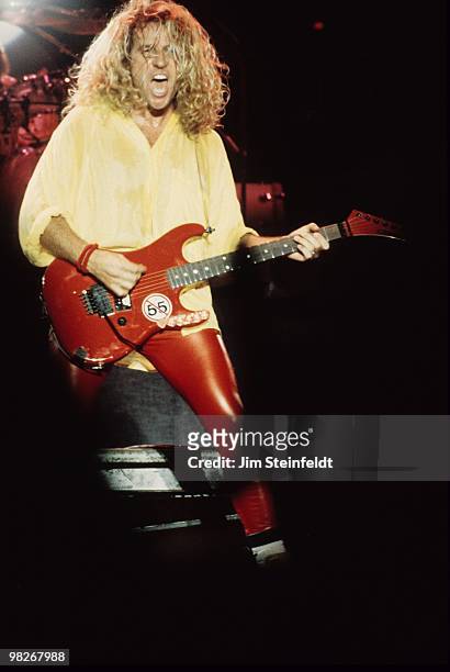 Van Halen vocalist and guitarist Sammy Hagar performs at the Hubert H. Humphrey Meterodome in Minneapolis, Minnesota on July 13, 1988.