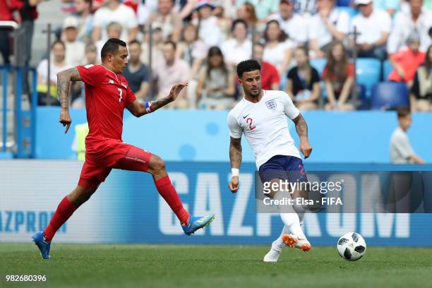 Kyle Walker of England challenge for the ball with Blas Perez of Panama during the 2018 FIFA World Cup Russia group G match between England and...