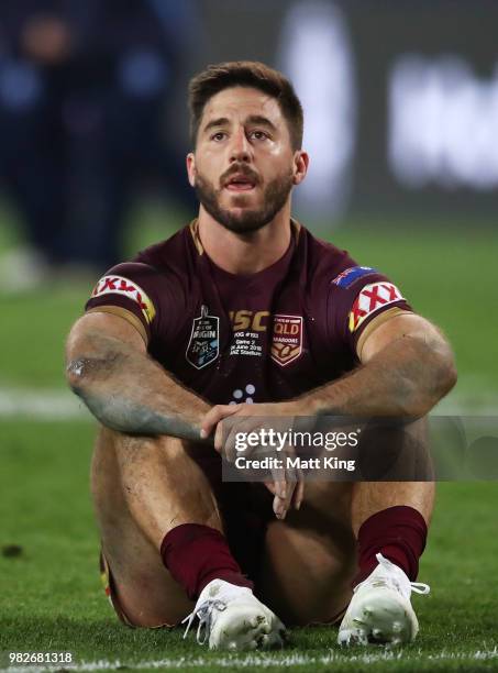 Ben Hunt of the Maroons looks dejected at fulltime during game two of the State of Origin series between the New South Wales Blues and the Queensland...